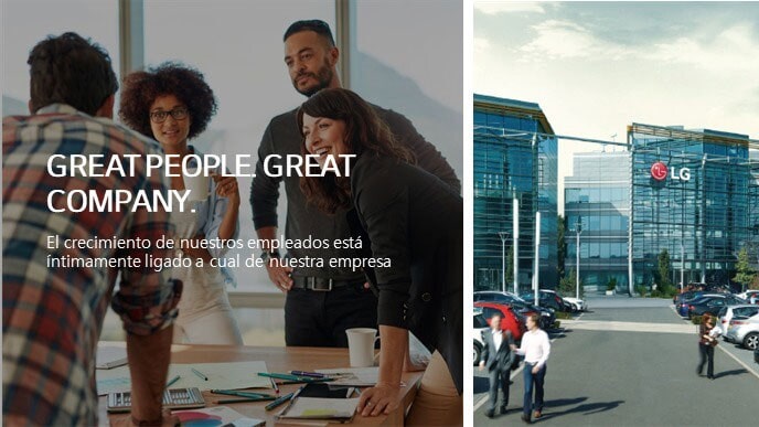 Cuatro personas se reunieron alrededor de una mesa a la izquierda, la oficina de LG Electronic en el Reino Unido a la derecha. El texto dice &quot;Great People. Great Company. El crecimiento de nuestros empleados está íntimamente ligado a cual de nuestra empresa&quot;.