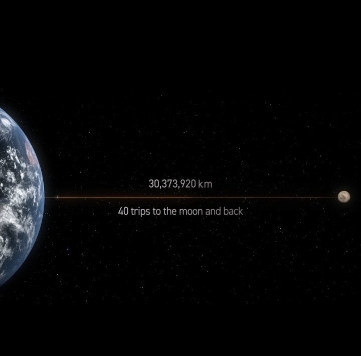 A la izquierda, la imagen muestra las bobinas del motor inverter DD conectadas desde la Tierra a la Luna, con una longitud de 30,373,920 km, lo suficiente para 40 viajes de ida y vuelta. En el centro, se muestran las bobinas enrolladas alrededor del motor inverter DD. A la derecha, el procesador AI Core-Tech se conecta a un panel electrónico, con una luz púrpura que se extiende hacia el exterior.