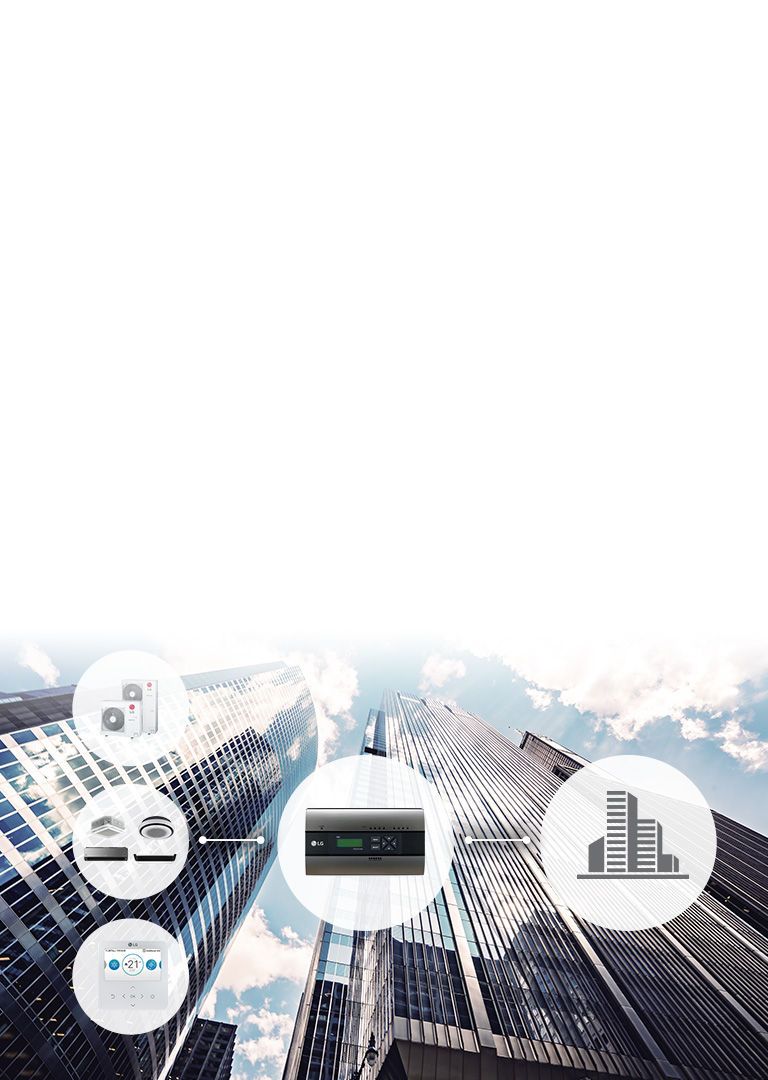 Se muestran los modelos de aire acondicionado LG en horizontal a la izquierda e íconos de edificios a la derecha. El dispositivo de control central conecta el edificio y los aparatos de aire acondicionado.