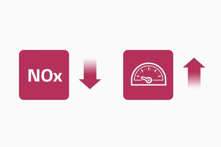 Imagen con un ícono de reducción de NOx y un ícono de mejora de rendimiento, con flechas hacia abajo y hacia arriba respectivamente.