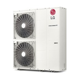 Se muestran las bombas LG Air to Water Hear, de forma rectangular equipadas con dos ventiladores en el lado izquierdo, superior e inferior.