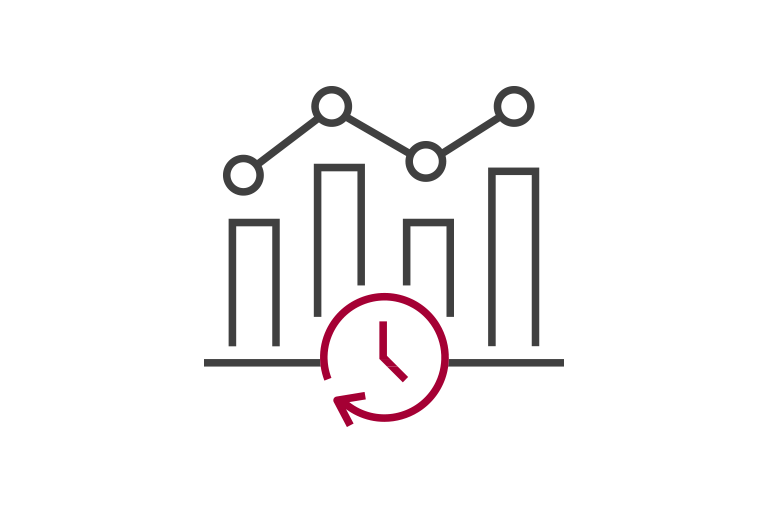 Cuatro líneas gráficas suben y bajan y presentan un reloj en el medio del eje x.