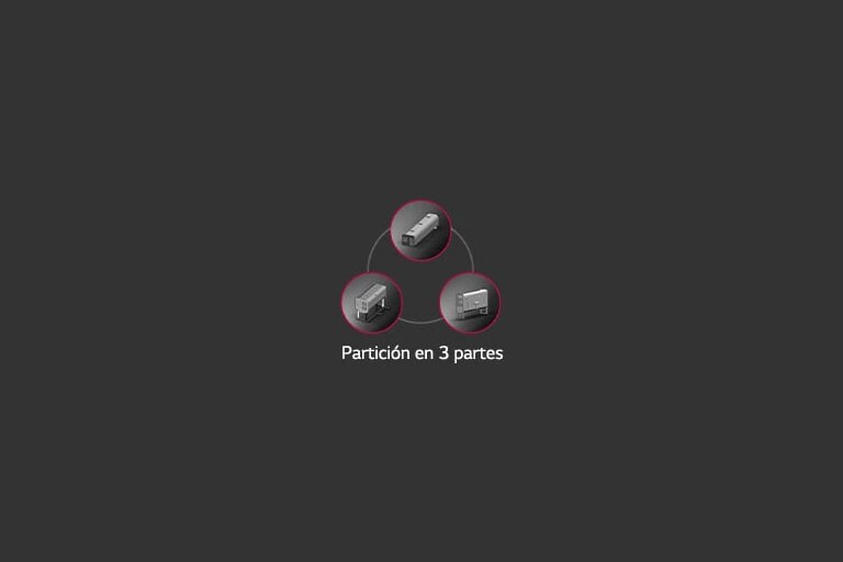 Tres círculos pequeños están dispuestos en un patrón triangular sobre el contorno de un círculo más grande. Cada círculo pequeño presenta una partición en tres partes en su centro.