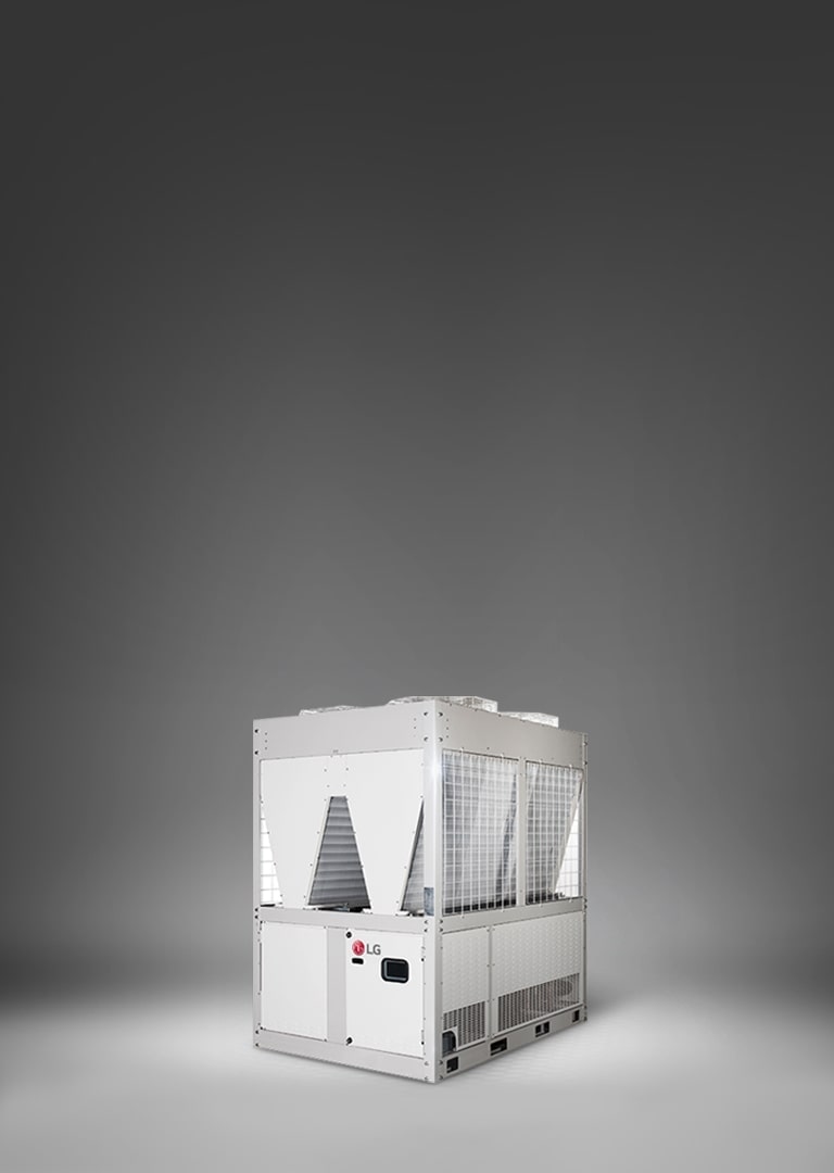 Se exhibe una Chiller Scroll Inverter Refrigerado Por Aire Bomba De Calor de LG, caracterizada por una base rectangular y una estructura superior triangular, presentada en blanco.