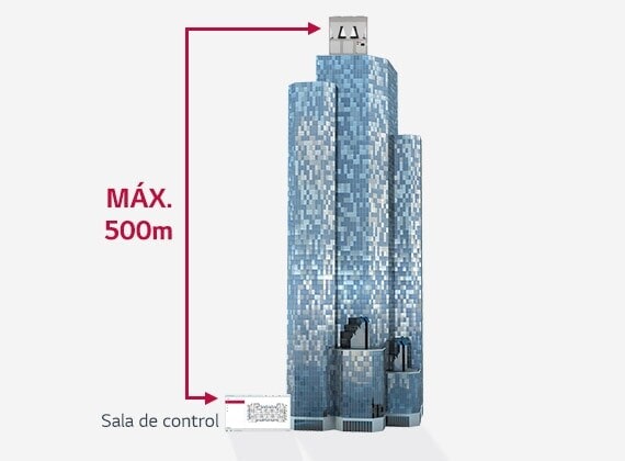 Rascacielos de 500 metros de altura con exterior de vidrio. En la cima, una Bomba De Calor Scroll Inverter Refrigerado Por Aire de LG y una sala de control en la base del edificio.