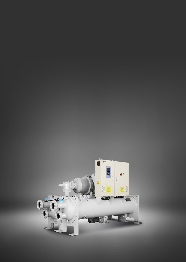 La Chiller Tornillo Refrigerada Por Agua Bomba De Calor de LG, presentada en un tono gris, consta de una serie de ensamblajes de tubos lineales y cilíndricos.