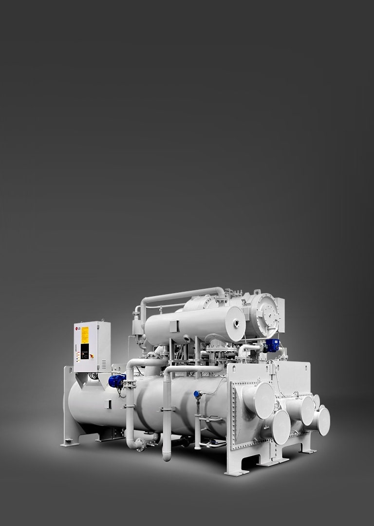 A la derecha se muestra una gran unidad LG Centrifugal Chiller, representada en tono gris y compuesta de formas circulares y rectangulares.