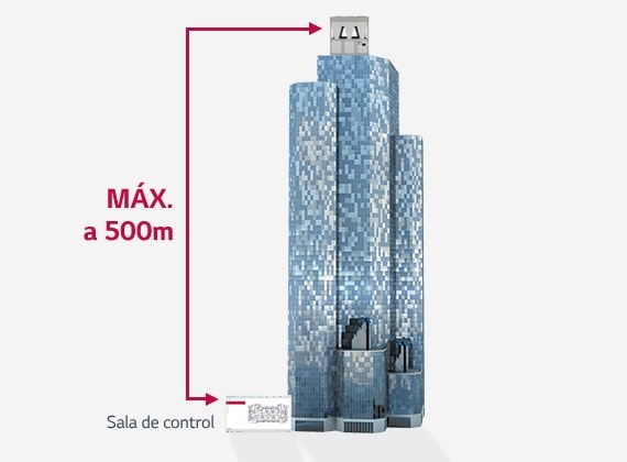 Rascacielos de 500 metros de altura con exterior de vidrio. Bomba de calor con inverter y enfriada por aire de LG en su cima, con la sala de control en la base del edificio.