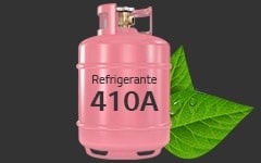 Un tanque de gas propano rosa está adornado con una etiqueta 'Refrigerante 401A' en el centro. Dos hojas verdes se superponen parcialmente en la parte trasera derecha del tanque.