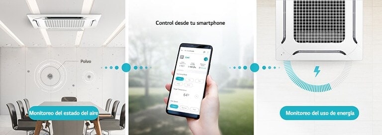 Sala de conferencias con una unidad LG Cassette Doble Aleta en el techo que monitorea el aire, aplicación de control desde el smartphone y gráfico de uso de energía.