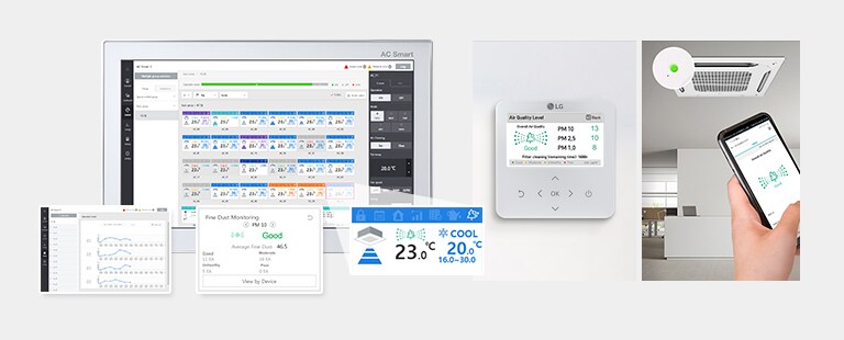 La unidad AC Smart muestra datos detallados de calidad del aire, mientras que la unidad compacta ofrece información concisa. Se controla la unidad de techo con LG ThinQ.