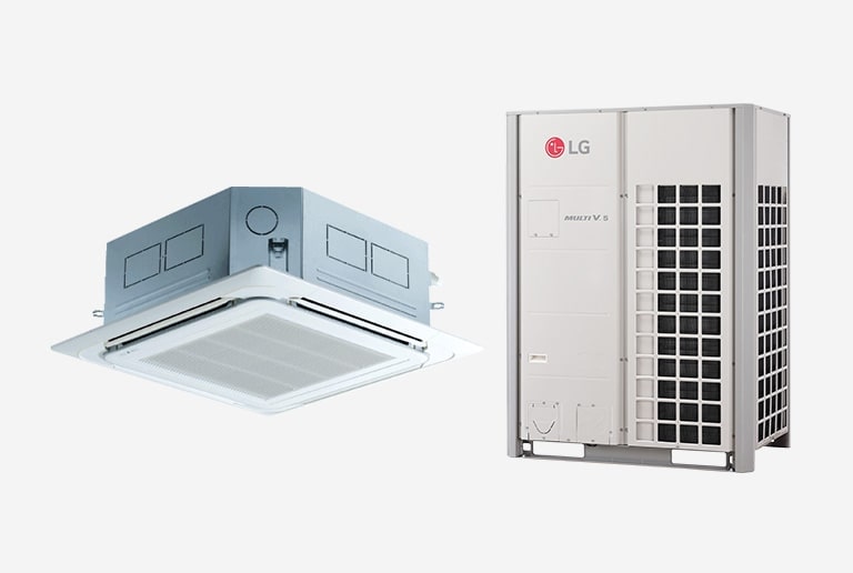 LG Ceiling Mounted Indoor unit se presenta elegantemente a la izquierda, mientras que una unidad exterior LG Multi V 5 se ubica a la derecha.