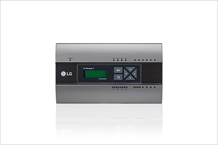 El LG AC Manager 5, un dispositivo rectangular gris, ofrece control integral de HVAC para hasta 8,192 unidades.