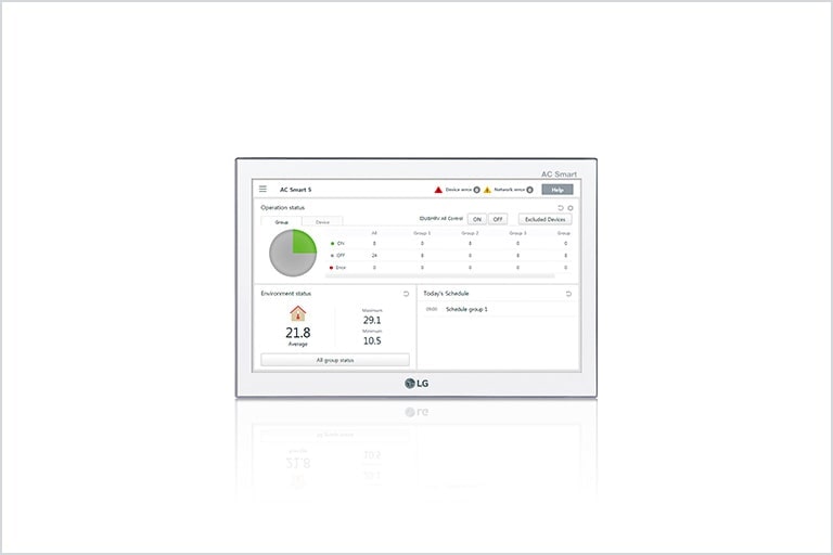 El LG AC Smart 5 cuenta con una pantalla táctil TFT LCD WSVGA de 10.2 pulgadas, y gestiona 128 unidades con integración BMS, gestión energética, programación, entre otros.