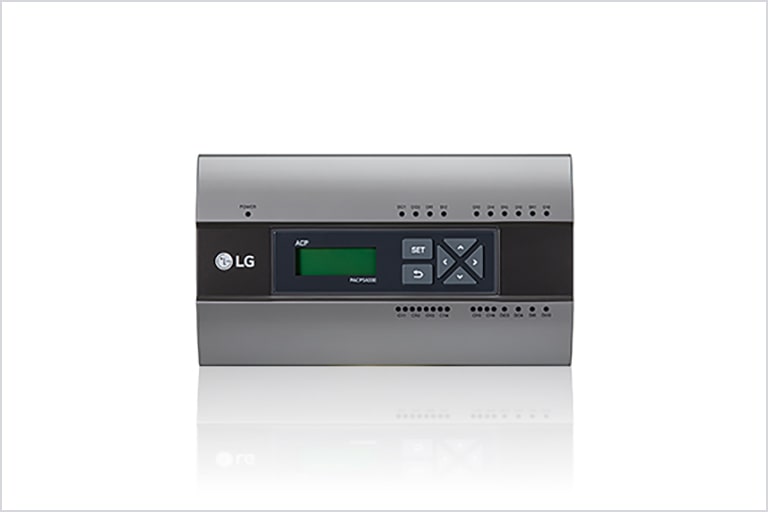 El LG ACP 5, un dispositivo rectangular gris, ofrece control avanzado de HVAC para hasta 256 Unidades de Exhibición Interior (IDUs).