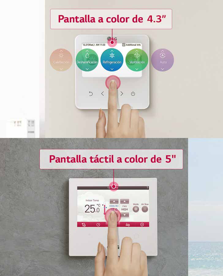 Los controladores individuales de HVAC de LG se muestran lado a lado: a la izquierda un controlador de color de 4.2", y a la derecha uno táctil de 5".