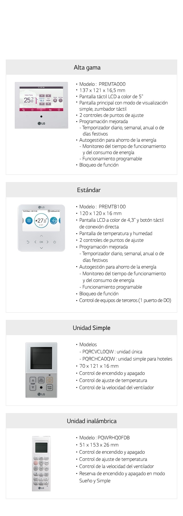 La línea de controladores individuales de HVAC de LG presenta una gama de modelos: Premium, Standard, Simple, Wireless y con módem Wi-Fi.