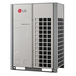 Se muestra una unidad exterior rectangular LG Multi V 5, con su mitad derecha cubierta por un conducto de ventilación con patrón cuadriculado de 2x2.