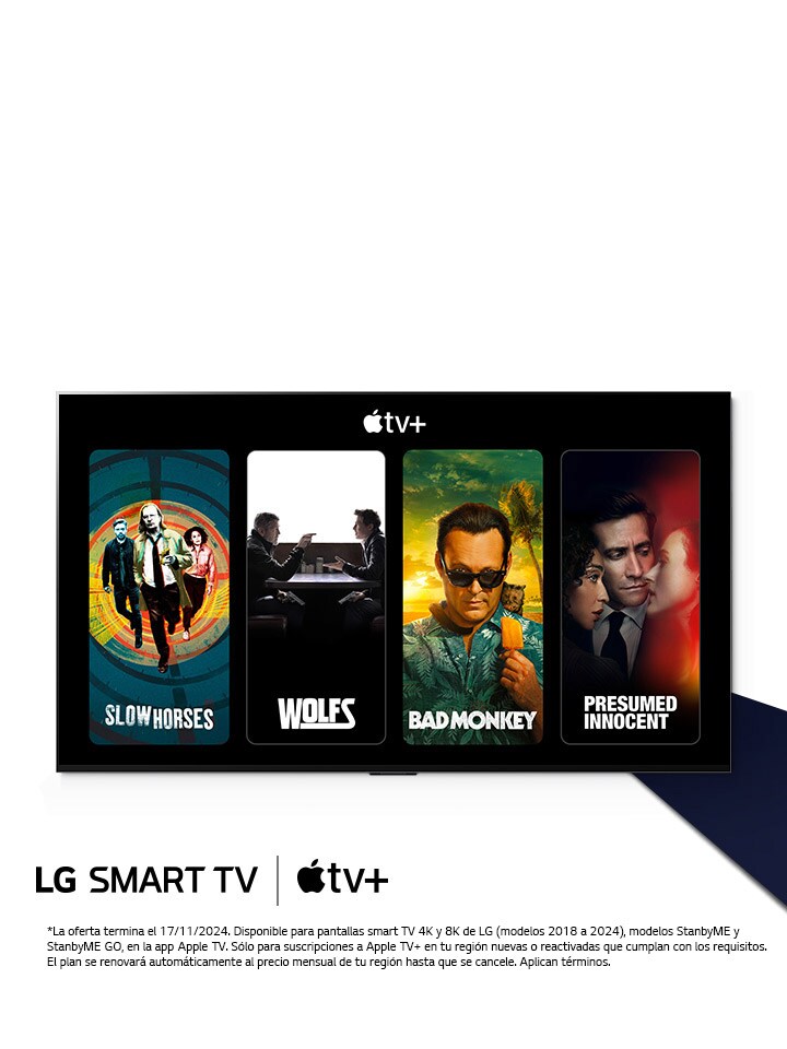 Una imagen de un televisor LG OLED. El contenido de Apple TV+ está en la pantalla y el título dice "Obtén tres meses de Apple TV+ gratis con los televisores inteligentes LG".