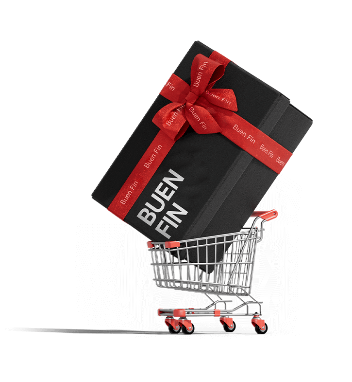 Banner de la promoción Buen Fin de LG con el texto 'Upgrade Your Lifestyle' y una caja de regalo con listón rojo en un carrito de compras.