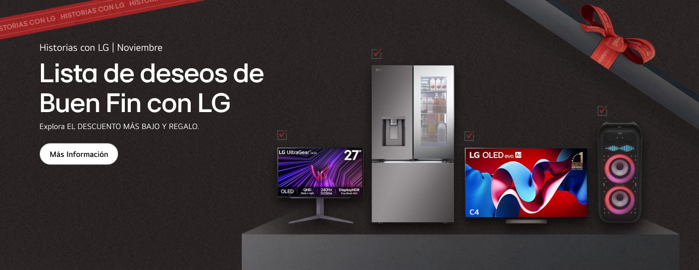 La lista de deseos de un vendedor de LG, que incluye un monitor LG UltraGear, un refrigerador InstaView, un televisor LG OLED y un altavoz Xboom, se coloca dentro de una caja de regalo.