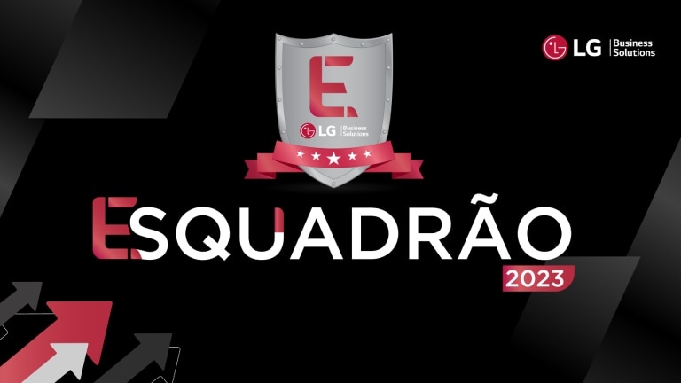 Diseño con el texto 'ESQUADRÃO 2023' y un escudo con la letra 'E', junto al logotipo de LG Business Solutions en la esquina superior derecha.