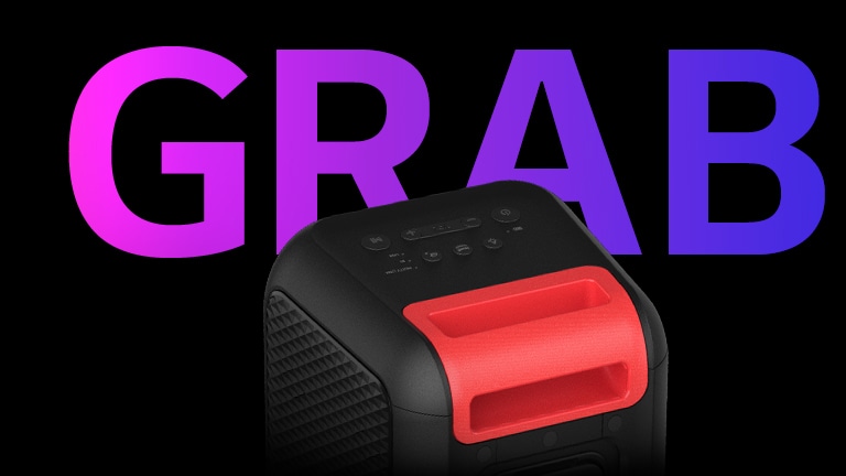 Primer plano del mango ergonómico. Una palabra 'GRAB' está escrita detrás para fines de diseño.