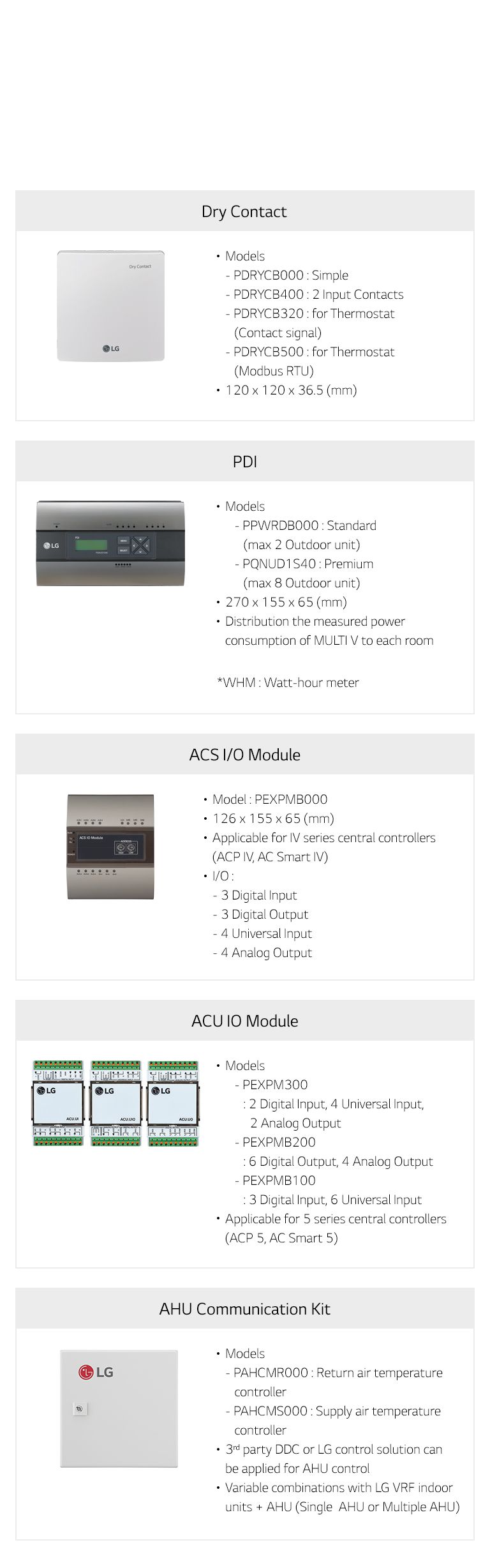 La línea de Controladores de Aplicaciones de LG incluye modelos como Dry Contact, PDI, Módulo de E/S ACS, Módulo de E/S ACU, y kit de comunicación AHU.