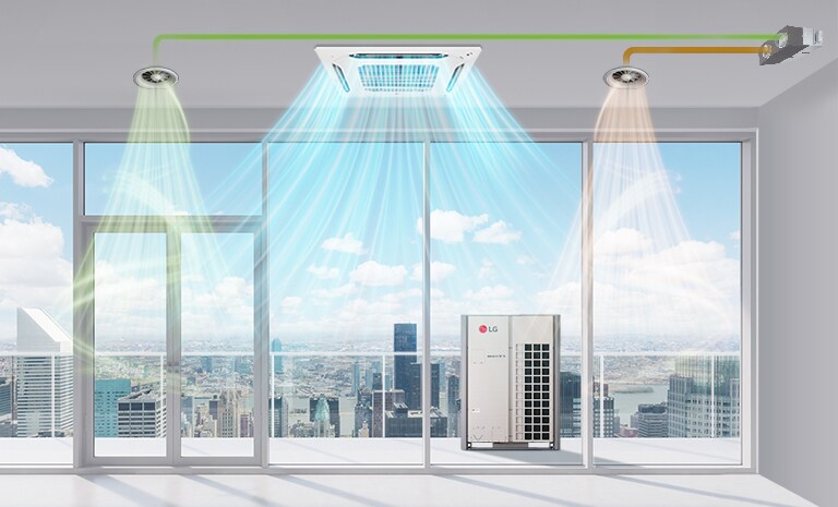 Sistema de aire acondicionado en un apartamento moderno con vistas a la ciudad. Tiene conductos para aire fresco, calefacción y enfriamiento, y una unidad externa.