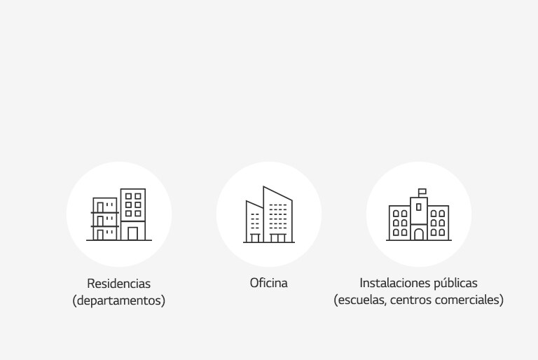  Tres círculos blancos de izquierda a derecha representan los contornos de una residencia (apartamento), una oficina y una instalación pública como una escuela o área comercial.