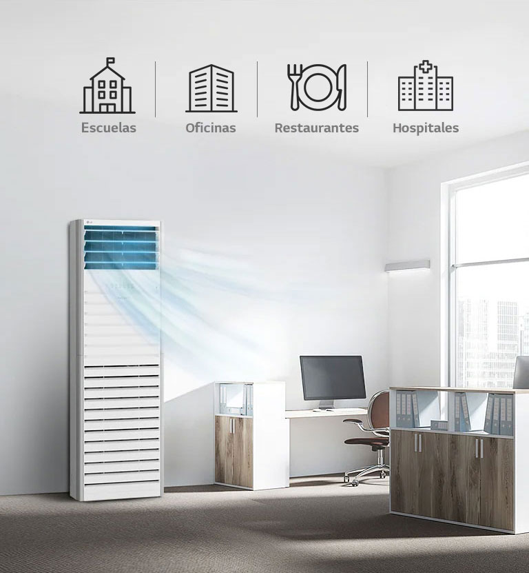 Purificador de aire LG blanco, moderno, ideal para escuelas, oficinas, restaurantes y hospitales.