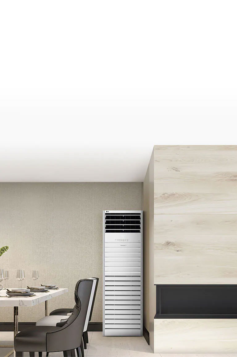 La imagen muestra un comedor moderno con aire acondicionado, destacando su eficiencia y diseño elegante.