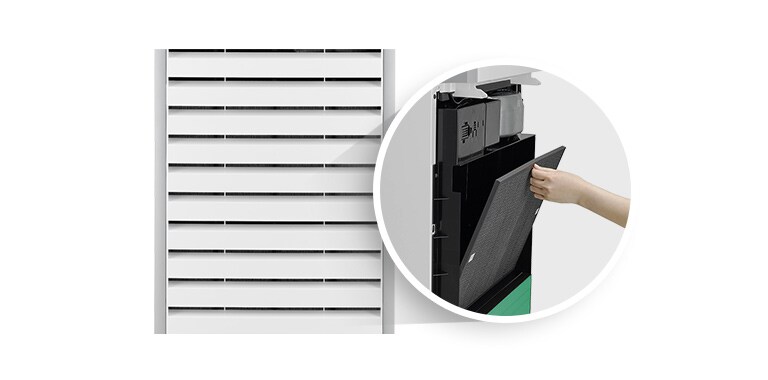 Filtro de aire con diseño frontal extraíble para fácil limpieza y mantenimiento.