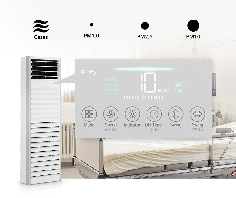Purificador de aire en una habitación, detecta y filtra partículas PM 1.0, PM 2.5, PM 10 y gases.