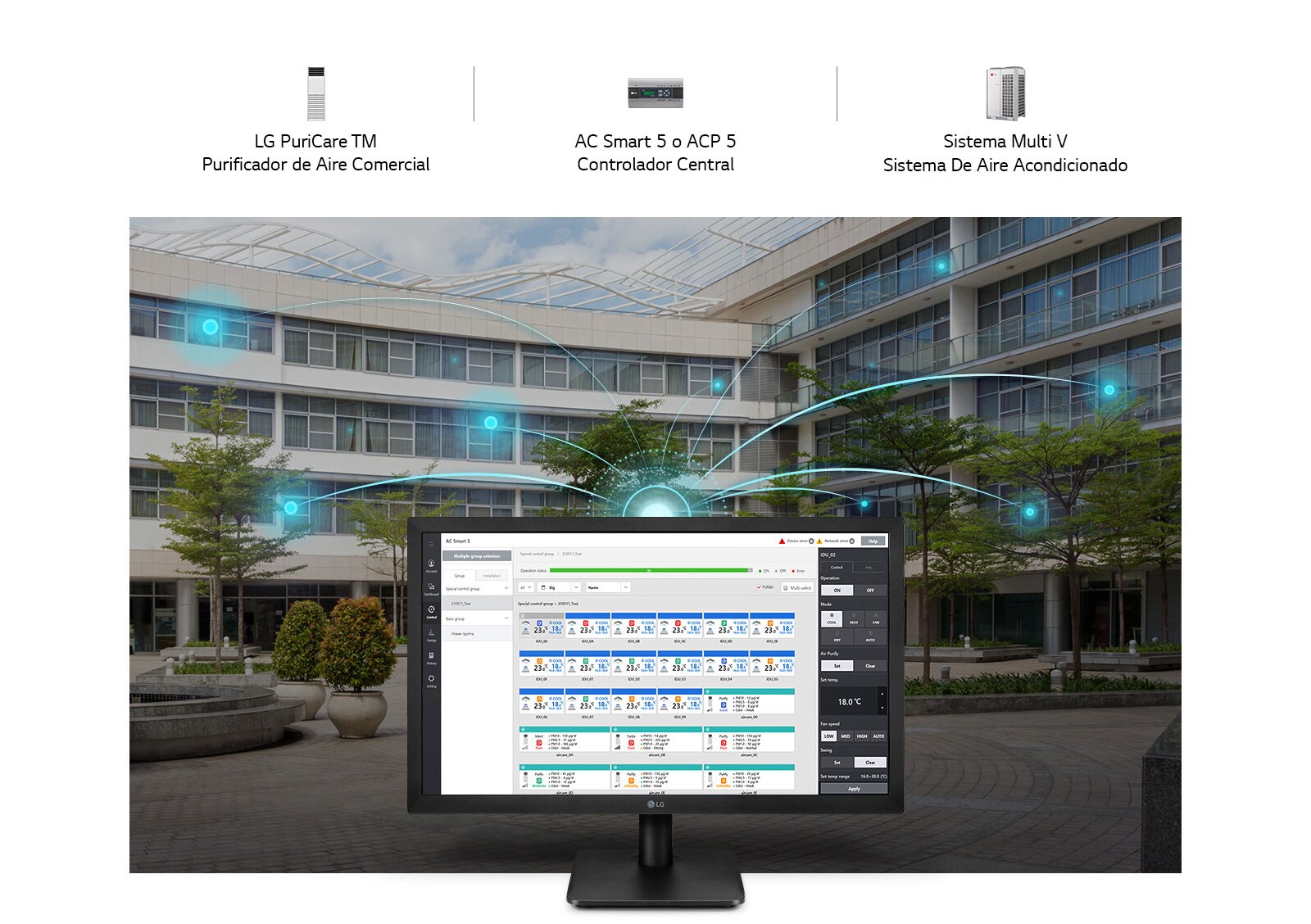 Monitor con gráficos de control de aire acondicionado frente a un edificio moderno con múltiples unidades AC.