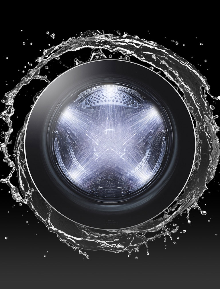 La puerta de la lavadora muestra cinco chorros de agua iluminados, rodeados por otro chorro.