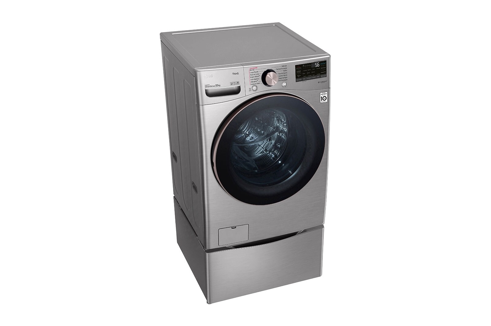 LG Lavadora LG Carga Frontal Inteligente con Pedestal, con AI DD™ (Inteligencia Artificial) con TurboWash  y conectividad ThinQ, capacidad 22 Kg– Color Plata, WM22VV2S6GR.WDP4V