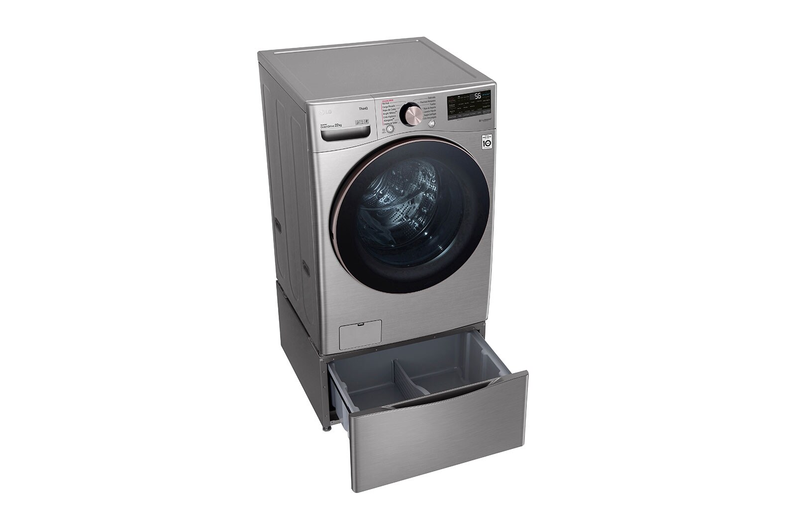 LG Lavadora LG Carga Frontal Inteligente con Pedestal, con AI DD™ (Inteligencia Artificial) con TurboWash  y conectividad ThinQ, capacidad 22 Kg– Color Plata, WM22VV2S6GR.WDP4V