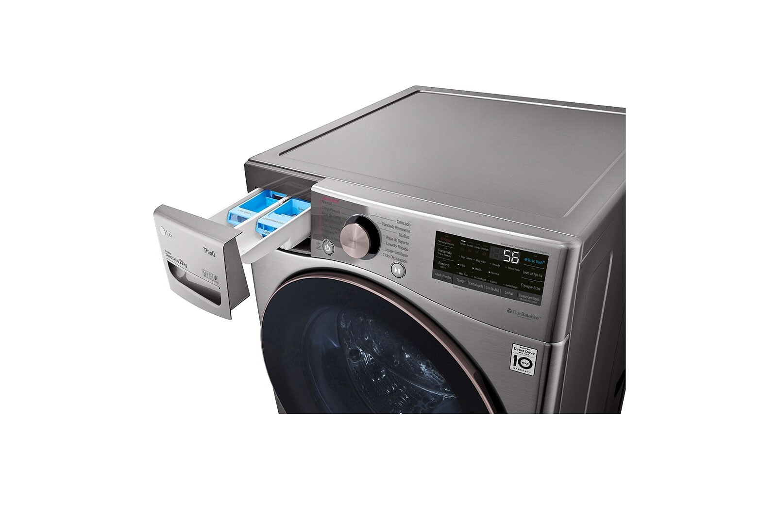 LG Lavadora LG Carga Frontal Inteligente con Pedestal, con AI DD™ (Inteligencia Artificial) con TurboWash  y conectividad ThinQ, capacidad 22 Kg– Color Plata, WM22VV2S6GR.WDP4V