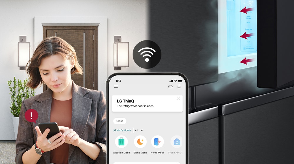 'La imagen muestra las notificaciones de la aplicación LG ThinQ y el icono de Wifi encima del teléfono.