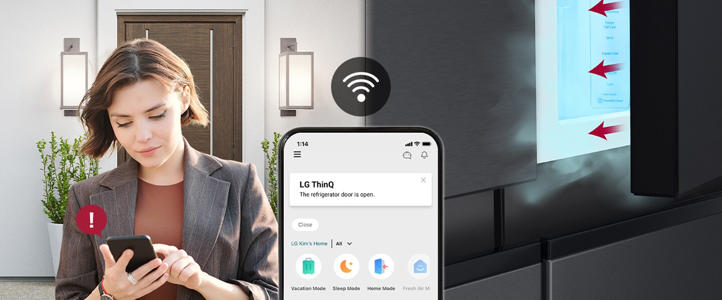 La imagen muestra las notificaciones de la app LG ThinQ y el icono de Wifi encima del teléfono.
