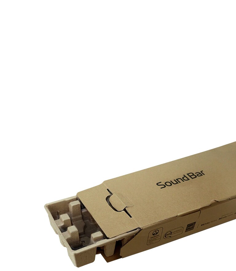 La caja de la barra de sonido se coloca en el lado derecho de la imagen, abierta para mostrar su material de relleno de espuma EPS.