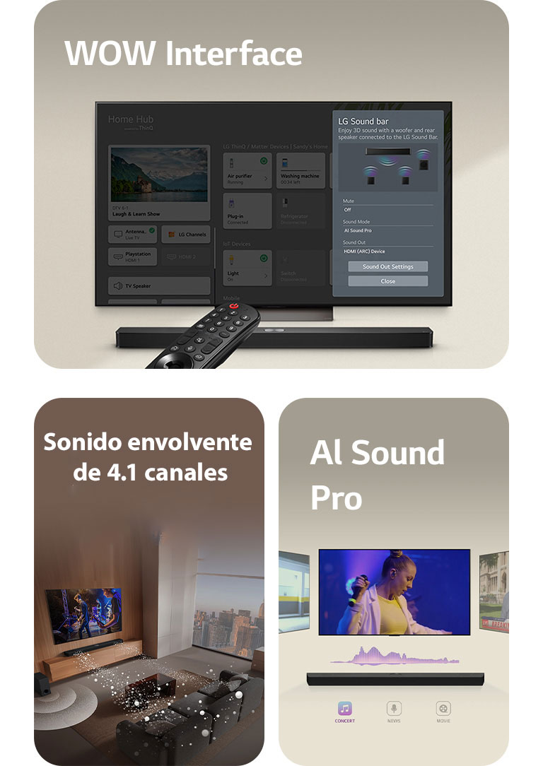 El control remoto LG apunta hacia un televisor LG con la barra de sonido LG debajo. El televisor LG muestra el menú de la interfaz WOW en la pantalla.