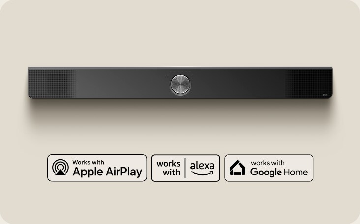 Una perspectiva aérea de una barra de sonido LG. Logotipo de AppleAirPlay Logotipo de Alexa de Amazon Logotipo de Google Inicio