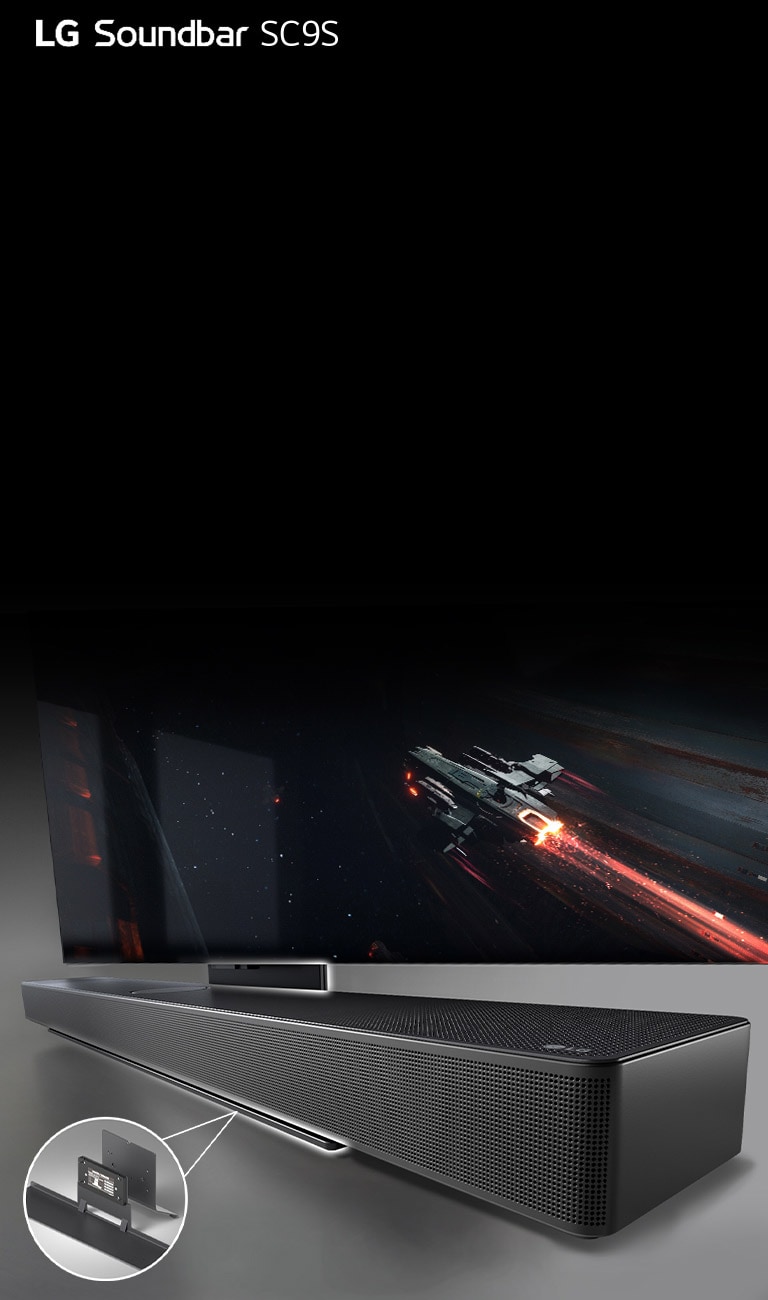 Vista diagonal de la televisión LG OLED Serie C y la barra de sonido SC9S. Se muestran resaltes en la barra de sonido para destacar el soporte WOW de la barra de sonido SC9S. En la parte inferior izquierda, se amplían las imágenes del Soporte WOW.