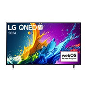 Una vista frontal del televisor LG QNED80 50QNED80TSA, mostrando el texto "QNED80", "LG QNED" y "2024" en la pantalla.
