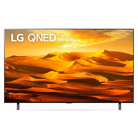 A front view of the LG QNED TV with infill image and product logo on