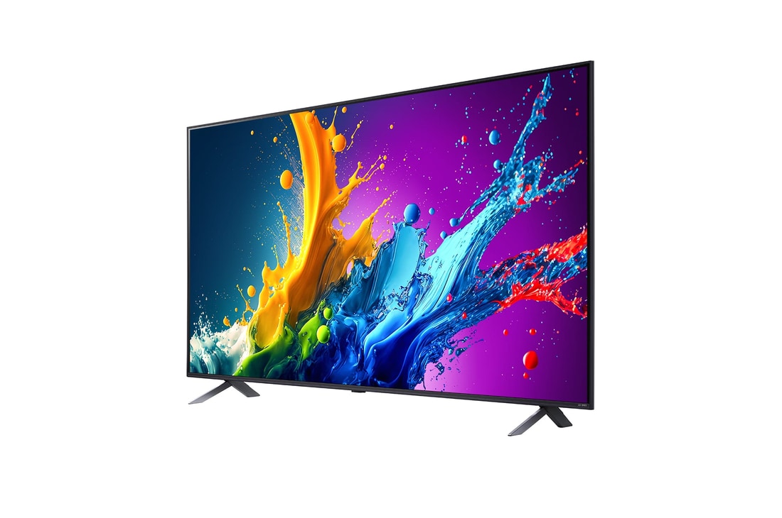 Slightly-angled left-facing side view of LG QNED TV, QNED80