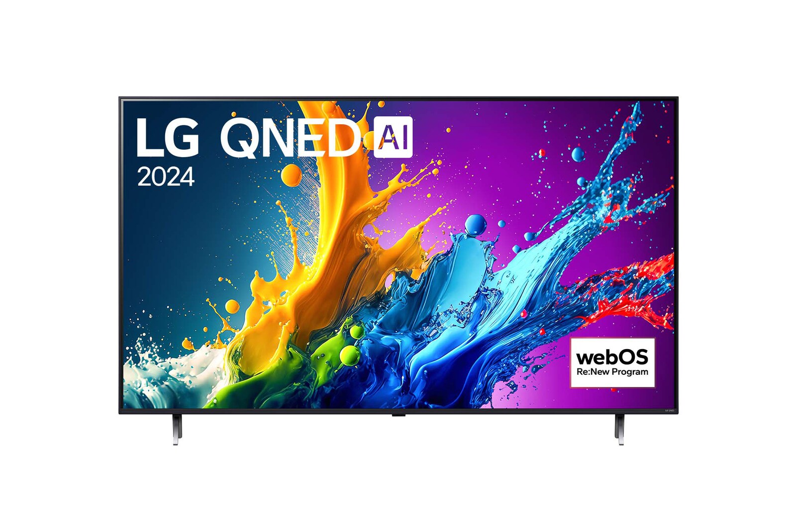 Una vista frontal del televisor LG QNED80 86QNED80TSA, mostrando el texto "QNED80", "LG QNED" y "2024" en la pantalla.