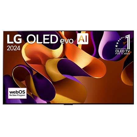 Vista frontal con la televisión LG OLED evo AI, la OLED G4, el emblema de 11 años siendo el número 1 mundial de OLED y el logotipo del programa webOS Re:New en la pantalla